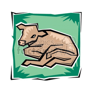 The clipart image depicts a stylized representation of a calf lying down on what appears to be grass, with a green and off-white background framing the scene.