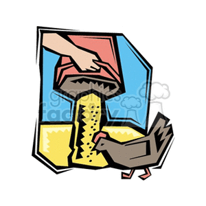 The clipart image features a human hand pouring feed from a red-handled bucket into a trough, with a chicken eating from it. There are also grains scattered in the forefront, suggesting a farm setting where chickens are being fed.