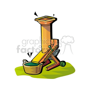 This cartoon clipart image features a stylized representation of a combine harvester, which is a piece of farming equipment used to harvest wheat and other crops. The combine harvester has a chute directing into a basket, indicating that it is gathering the harvested material. The image is set against a simple green background, which suggests a field or a farm environment.