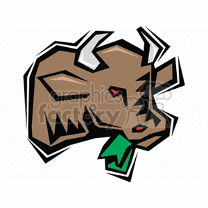 The image features a stylized depiction of a brown bull's head with white horns, red eyes, and a tuft of green grass in its mouth, suggesting that it's chewing or eating. The design is simple and could be considered a type of clipart suitable for representing concepts related to livestock, agriculture, or cattle farming.