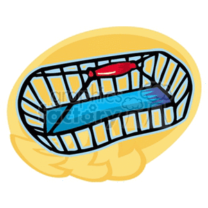 The clipart image depicts an empty blue-handled basket, likely used for agricultural purposes, such as harvesting or carrying produce. It has a white or light gray wireframe structure, with a solid blue base suggesting depth, and a red handle grip with a yellow accent.