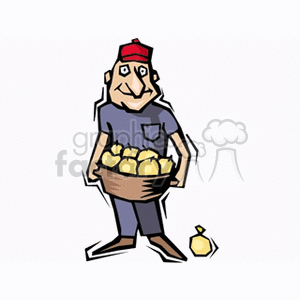 The image is a clipart depicting an elderly farmer holding a basket full of pears. The farmer is wearing a cap, overalls, and a t-shirt. One pear is on the ground next to the farmer's foot. The style is cartoonish and simplistic.