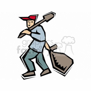 This clipart image depicts a stylized representation of a farmer. The farmer is wearing a hat and overalls and is carrying a shovel over one shoulder and a large bag that could be for trash, garbage, or leaves in the other hand.
