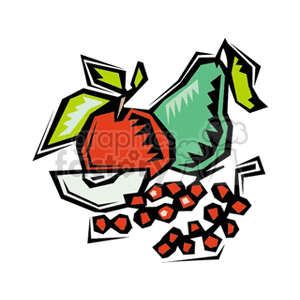 The image is a stylized clipart featuring various fruits. There is one red apple, one green pear, and a bunch of red grapes, all depicted in a somewhat abstract, geometric style.