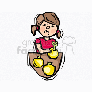 The clipart image depicts a girl with a displeased expression on her face holding a bitten apple with a worm peeking out from it. There are more apples in the box she is holding, suggesting a theme of picking or sorting fruit with an unpleasant surprise encounter. The style is cartoonish, suitable for educational or children's content.