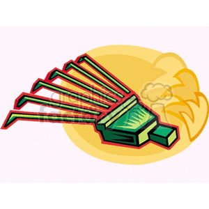The image depicts a stylized illustration of a green rake with red prongs, commonly used for gardening or agricultural purposes. The rake appears to be resting on a beige or sandy background that may suggest garden soil.
