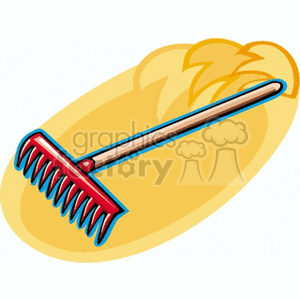 The image depicts a stylized clipart of a red rake with a wooden handle lying horizontally across a yellowish background that could represent straw or hay in a simplified form, suggesting themes of agriculture or gardening.