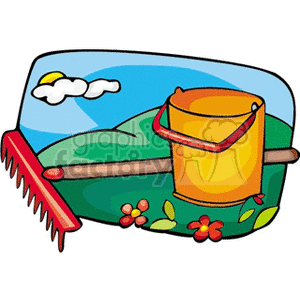 This clipart image features garden tools including a red rake and a yellow bucket. The background depicts a green hill under a blue sky with a white cloud. In the foreground, there are a few red flowers with green leaves.