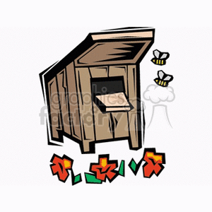 This image displays a stylized illustration of a wooden beehive commonly used in agriculture for beekeeping. Surrounding the beehive are several colorful flowers, and there are two bees flying nearby, likely approaching the hive.