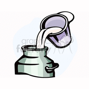 The clipart image depicts milk being poured from a classic metal milk jug into a large milk can, often associated with the traditional way of collecting and storing milk in dairy farming.