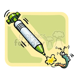 The clipart image shows a cartoon-style illustration of a large syringe-like device, possibly representing a pest control spray, aiming at a cartoon bug or worm, which looks scared or shocked by the impending spray.