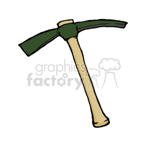 The image is a simple illustration of a pickaxe, which is a hand tool with a hard head attached perpendicular to the handle. The head of the pickaxe in the image has two ends, one pointed and one flat, which is typical for breaking up rocks or hard soil in agriculture or mining.