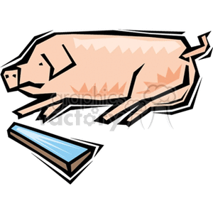 This clipart image features a stylized drawing of a single pig lying down near a water trough. The pig is drawn in a cartoon-like style with emphasis on simple shapes and outlines. The water trough appears to be rectangular with blue water depicted inside it.