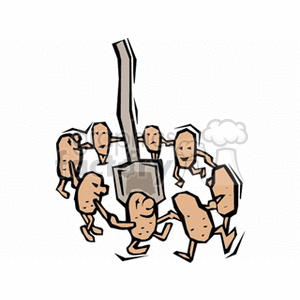 The clipart image features a group of anthropomorphic potatoes placed around a shovel. The potatoes have faces, arms, and legs, giving them human characteristics, and they appear to be interacting with the shovel, which is stuck in the ground. 