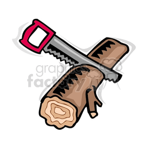 The clipart image depicts a handsaw positioned on top of a wooden log that appears to have been cut. The saw features a pink handle with a grey blade, and the log is brown with a lighter brown cut end, indicating freshly sawn timber.