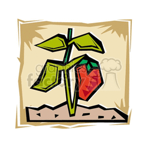 The clipart image shows a stylized depiction of a ripe strawberry attached to a plant with leaves, growing out of the soil. The art style is simple and cartoon-like, with bold outlines and vibrant colors.