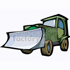 The image is a stylized clipart illustration of a green tractor with a front loader attachment. The tractor appears to be a piece of heavy-duty farm equipment or agricultural machinery, typically used for various tasks including plowing, tilling soil, or moving materials.