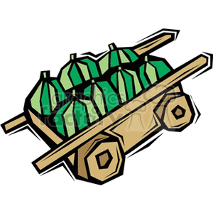 The clipart image displays a simple, stylized representation of a wooden wagon or pull cart loaded with ripe, green-striped watermelons. The watermelons are piled on top of the cart, and the cart appears to be on two wheels with a handle at the front for pulling.