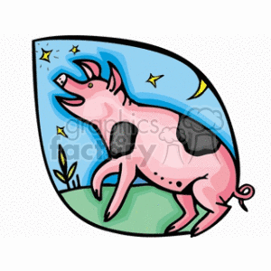 The clipart image contains a stylized, cartoonish pink pig. The pig appears to be happy and is jumping or frolicking. It's set against a background with a blue sky, stars, and a crescent moon, suggesting a playful or dreamy scene. The pig has spots and a curly tail, often associated with classic pig illustrations.