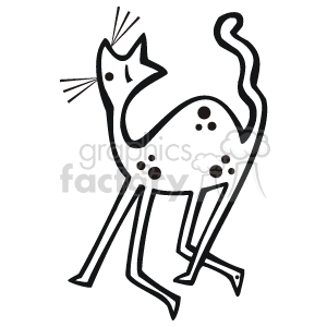 This is a line drawing of a cartoon cat. It has a wobbly-looking tail, and spots on its body. Its whiskers are visible, but the image in general is very abstract. 