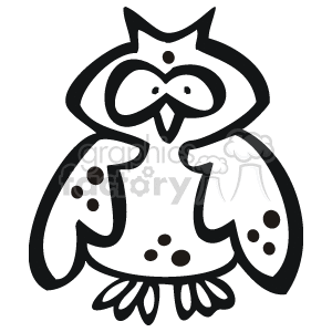This cartoon shows an owl. It has big eyes and a beak. Its body and wings have spots
