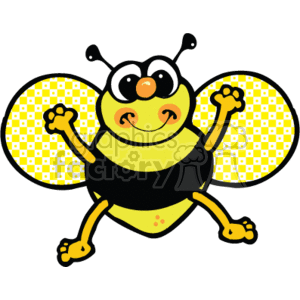 The clipart image shows a cartoon bee facing forward, with black and yellow stripes on its body, two wings, four legs, and two antennae. It is smiling and has a happy look to it