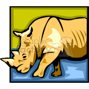 The clipart image shows a stylized illustration of a rhinoceros (rhino) drinking water. The rhino is depicted in profile, shown bending down to reach the water. The background consists of simple color blocks, representing the ground and a hint of vegetation or environment behind the animal.