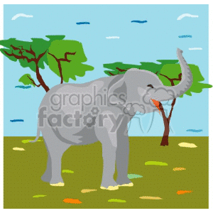 This clipart image features a smiling elephant standing on a grassy plain with a few patches of orange and yellow fallen leaves. The elephant has its trunk curled upwards. In the background, there are two trees with green leaves and a blue sky scattered with a few small white clouds.