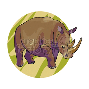 This clipart image features a cartoonish illustration of an African rhinoceros. The rhino is depicted in profile, standing on a background that suggests a natural, possibly savannah environment with green and yellow patterns that could represent grass or foliage. The rhinoceros is colored in shades of brown and purple, with accentuated outlines and simplified details typical of clipart.