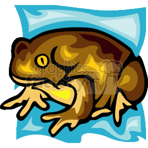 The clipart image shows a stylized depiction of a frog with brown, yellow, and dark accents. The frog is positioned above a body of water, indicated by the blue waves beneath it. The frog is an amphibian, commonly associated with aquatic and moist environments. The simplified and colorful nature of the image suggests it could be used for educational purposes, children's content, or graphic design.