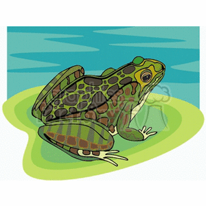 The clipart image depicts a cartoon-style frog sitting on a lily pad in a body of water which could be a pond or a swamp. The frog is prominently displayed in the center of the image, with a blue water background suggesting a calm aquatic environment.
