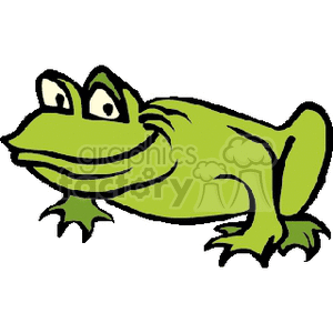 The image is a simple clipart representation of a frog. The frog is shown in profile, with characteristics like a rounded body, big eyes, and webbed feet that are typical of frogs and toads. It seems to be a stylized version of a frog rather than a specific species, but its features could be loosely associated with those of a bullfrog due to its stout body and wide head.