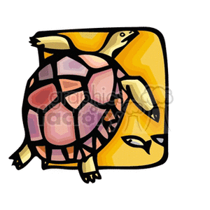 The clipart image depicts an abstract, stylized sea turtle. The turtle is designed with geometric shapes and patterns, primarily in shades of purple and red for the shell, with a yellow and beige background that appears to represent a simplified aquatic environment. The turtle's limbs are outstretched as if it is swimming.