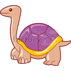 The image is a cartoon illustration of a sea turtle. The turtle has a purple shell with a yellow border and an extended neck and limbs that are a tan color. Its eyes are not visible; instead, it has a simple line to suggest a closed or smiling eye. The style is simplistic and friendly, indicative of something that might be used in a children's book or educational material.