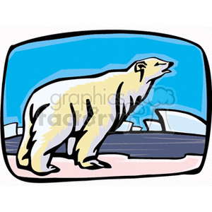 The image is a clipart depiction of a polar bear standing on what appears to be a patch of ice, with the sea and icebergs in the background. The bear is white, which is characteristic of polar bears, and it is placed within a stylized frame that suggests this is a scene from an Arctic environment.