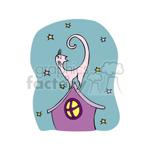 The clipart image features a stylized cat standing atop a birdhouse at night, with stars in the background. The cat appears to be stretching or posing with its tail curled. The birdhouse is simple and cartoonish, with a round entrance and is colored purple with a yellow accent.