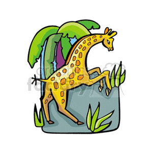 The image is a colorful clip art drawing featuring a giraffe with yellow fur and brown spots. The giraffe is kicking its hind legs out as if it is frolicking or playing. There are green trees with purple trunks in the background that signify a jungle setting. The foreground shows some green plant life, which suggests that the giraffe is amidst vegetation.