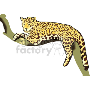 The clipart image shows a cartoon of a large feline, with a pattern that resembles that of a leopard or jaguar, lounging lazily on a tree branch. The spots and rosettes on its coat are characteristic of these two big cat species, which are commonly found in jungle environments. The animal appears relaxed and at ease.