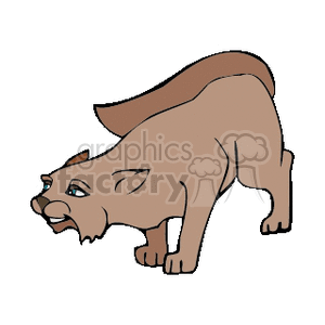 In the clipart image, there is a drawing of a brown feline, specifically a cat, in an aggressive or defensive stance. The cat appears to have its ears flattened, mouth open showing teeth, and its body positioned in a hunched or arched back posture which often indicates fear, aggression, or readiness to attack in cats.