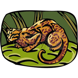 The image depicts a stylized clipart of a wild cat, such as a leopard or an ocelot, with a characteristic spotted coat. The cat is crouched as if it is prowling through the jungle with green foliage in the background.
