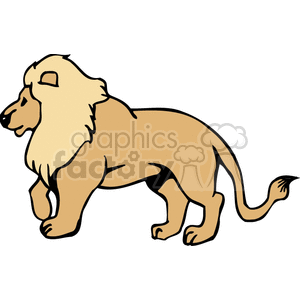 The clipart image depicts a side view of a male lion, characterized by a prominent mane, a common feature distinguishing male lions. The lion appears to be in a walking stance, typically associated with roaming or prowling behavior, possibly suggesting a hunting or territorial patrol activity often performed by lions in the wild. The image simplifies the lion's form using a limited color palette, commonly used in clipart for ease of incorporation into various designs or educational materials.