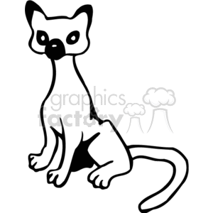 The image is a simple black and white clipart depicting a seated cat. The cat has prominent, large eyes, and its tail is long and curved. It appears to be looking directly at the viewer.