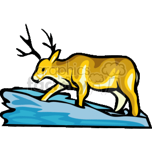 The clipart image depicts a stylized deer, specifically a buck, characterized by its prominent antlers. The deer is colored in shades of yellow and brown, with white highlights giving it a simple but dynamic appearance. It appears to be walking or standing on a surface that is blue with lighter blue lines, possibly representing water or ice.