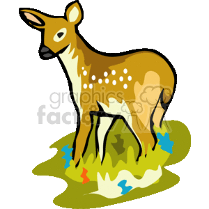 The clipart image shows a deer, The deer appear to be in a forest setting and are depicted in a stylized, cartoon-like manner. There are bright colors on the grass. The deer has white spots and pricked up ears
