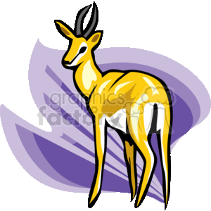 The image is a stylized clipart of an antelope or a gazelle. It features bold yellow and orange colors for the animal, with accentuated features such as the legs, body, and horns. The background includes abstract purple shapes that might represent motion or the environment. Overall, the clipart combines the animal figure with a decorative and expressive design.