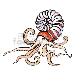 The clipart image shows an ammonite, which is an extinct marine mollusk with a spiral shell. The creature in the image is stylized with a body that resembles an octopus, with tentacles extending from the base of the spiral shell. It's a creative representation of an ancient sea creature.