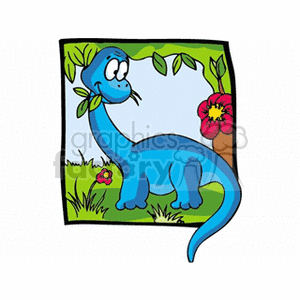 This image portrays a whimsical cartoon illustration of a blue dinosaur with a friendly appearance. Set against a simple background suggesting an outdoor scene with green grass, the dinosaur is framed by a leafy vine and accompanied by a large red flower with a yellow center. The dinosaur itself has a long neck and tail, and is standing on four legs, with small branches and leaves suggesting a playful, almost humorous interaction with the environment.