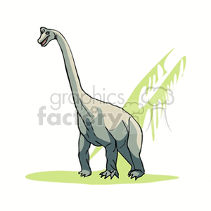 The clipart image features a stylized dinosaur that appears to be a sauropod, characterized by its long neck and tail, large body, and four-legged stance. It is drawn in a cartoon style and has a simple background with what seems to be a grassy area and a dynamic, scribble-like accent behind it.