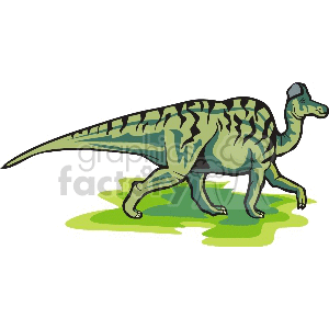 The image depicts a cartoon of a green-striped dinosaur standing on what appears to be a patch of grass. The dinosaur has a long tail and a long neck, which suggests it might be an herbivorous species.