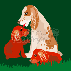 The clipart image shows an adult dog with two puppies. The adult dog is sitting on a grassy surface, with a simple green background that may represent a lawn or field.
The adult dog is larger, with a white and light brown or tan coat and appears to be looking down towards one of the puppies with a gentle expression. The two puppies have a rich reddish-brown coat and appear to be engaging with the adult dog or each other—one is seated and looking up, while the other is closer to the ground, possibly playing or exploring the grass. This scene evokes a sense of family, care, and affection among the dogs.